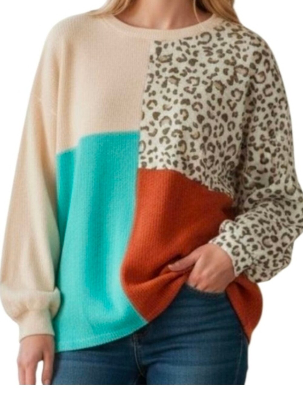 Color Block Leopard Print Oversized Sweater